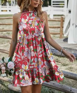 Promo 🥰 UDEAR Red & Green Floral Sleeveless Halter 👗 Dress - 👩 Women ❤️