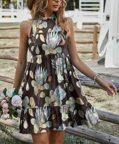 Outlet 🎁 UDEAR Green & Dark Coffee Floral Sleeveless Halter 👗 Dress - 👩 Women ⭐