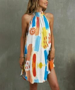 Top 10 💯 UDEAR White & Blue Abstract Sleeveless Mock Neck 👗 Dress - 👩 Women 🔥