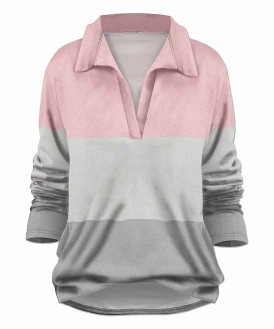 Best Pirce ๐ UDEAR Light Gray & Pink Color Block Collared Long-Sleeve Notch Neck Top - ๐ฉ Women ๐