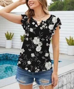 Wholesale 😉 UDEAR White & Black Floral Flutter-Sleeve Tee - 👩 Women 🎁