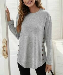 Promo 💯 UDEAR Light Gray Side-Button Long-Sleeve Top - 👩 Women & Plus 🛒