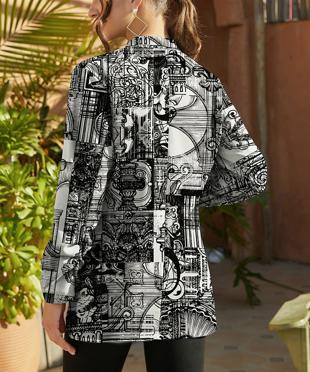 Top 10 ๐ฏ UDEAR Black & White Abstract Shawl-Collar Open Blazer - Plus ๐ - Image 2