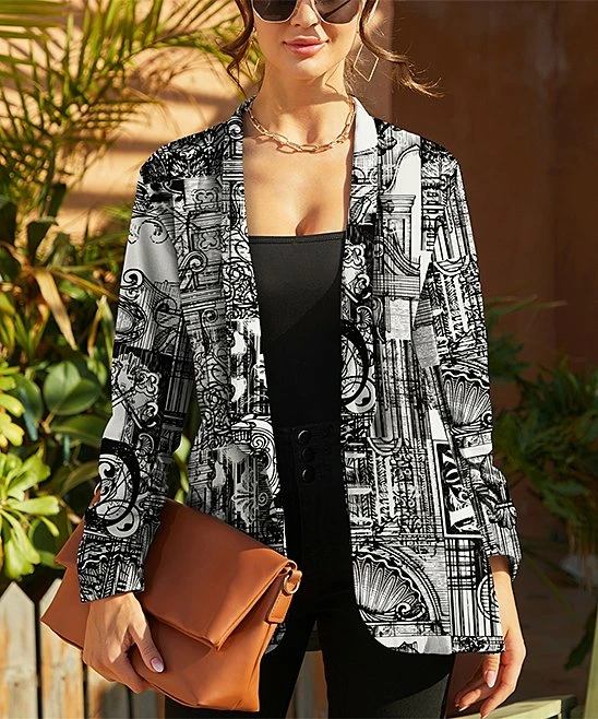 Top 10 ๐ฏ UDEAR Black & White Abstract Shawl-Collar Open Blazer - Plus ๐