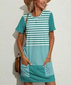Top 10 ⭐ UDEAR Heather Turquoise & White Stripe Pocket Shift 👗 Dress - 👩 Women 😉