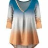 Discount 💯 UDEAR Blue & Orange Gradient Pleated V-Neck Top - Plus 😀