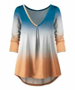 Discount 💯 UDEAR Blue & Orange Gradient Pleated V-Neck Top - Plus 😀