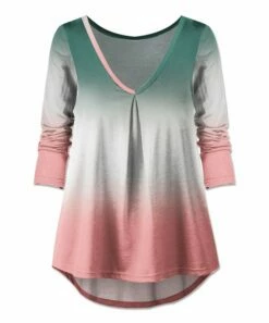 Brand new 🎁 UDEAR Green & Pink Gradient Pleated V-Neck Top - 👩 Women & Plus 👏