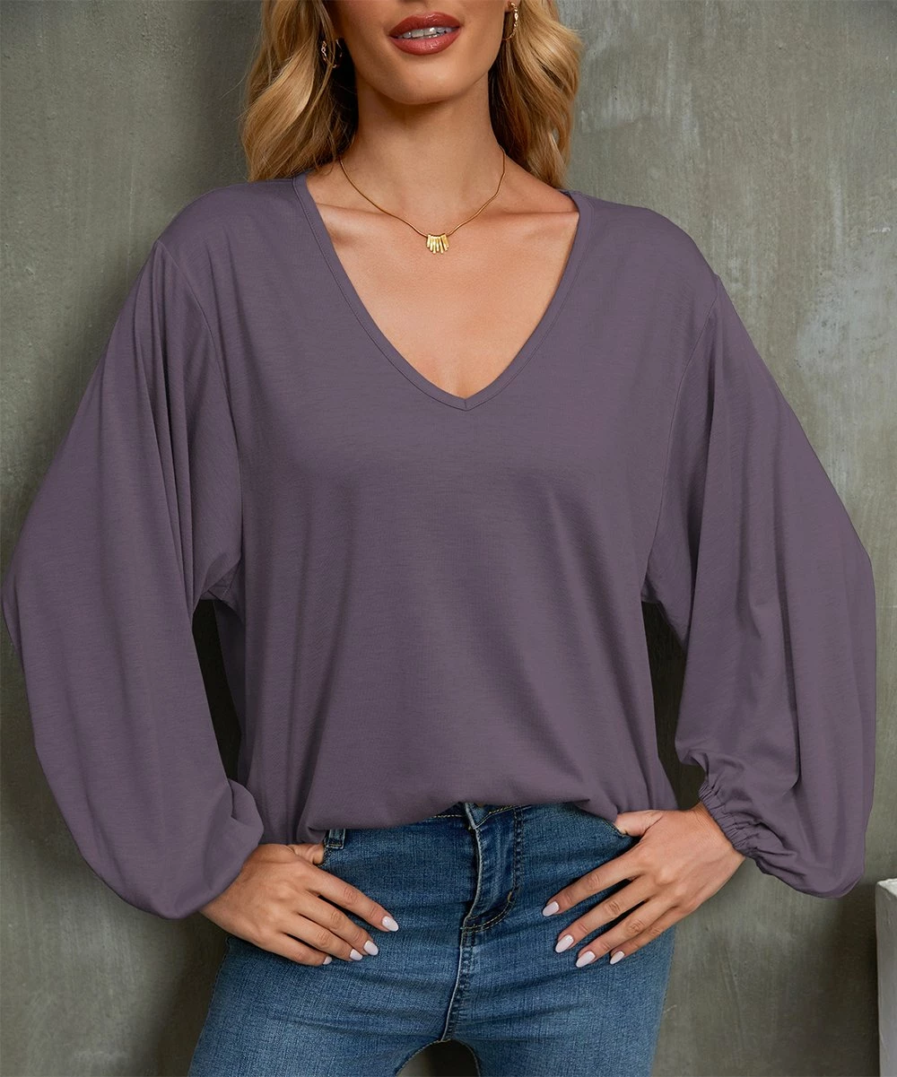 Best deal ๐ฅ UDEAR Dark Lavender Puff-Sleeve V-Neck Top - ๐ฉ Women โค๏ธ - Image 2