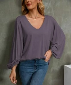 Best deal ๐ฅ UDEAR Dark Lavender Puff-Sleeve V-Neck Top - ๐ฉ Women โค๏ธ