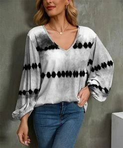 New 😀 UDEAR White & Black Tie-Dye Bishop-Sleeve V-Neck Top - Plus ✨