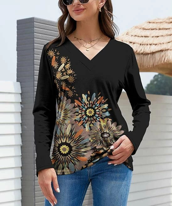 Cheap โค๏ธ UDEAR Black & Yellow Floral V-Neck Top - ๐ฉ Women ๐