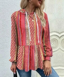 Best Pirce 🤩 UDEAR White & Red Abstract Hooded Long-Sleeve Peplum Top - 👩 Women & Plus ✨