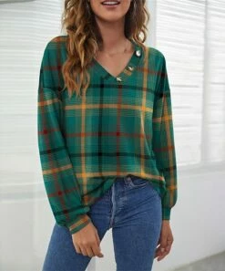Top 10 ⭐ UDEAR Red & Green Plaid Button-Accent V-Neck Top - Plus 🔥