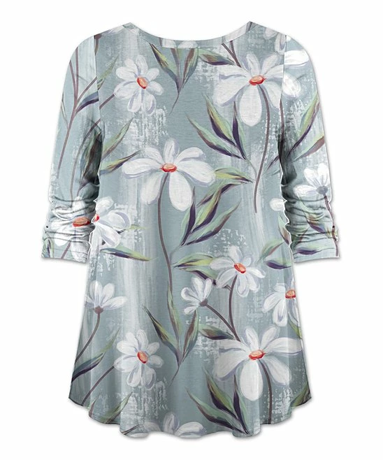 Buy โค๏ธ UDEAR White & Gray Green Floral Hi-Low Top - Plus ๐ - Image 2