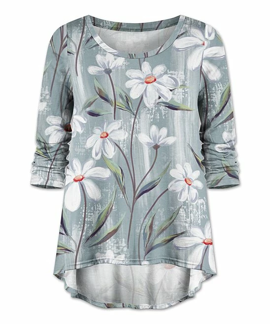 Buy โค๏ธ UDEAR White & Gray Green Floral Hi-Low Top - Plus ๐