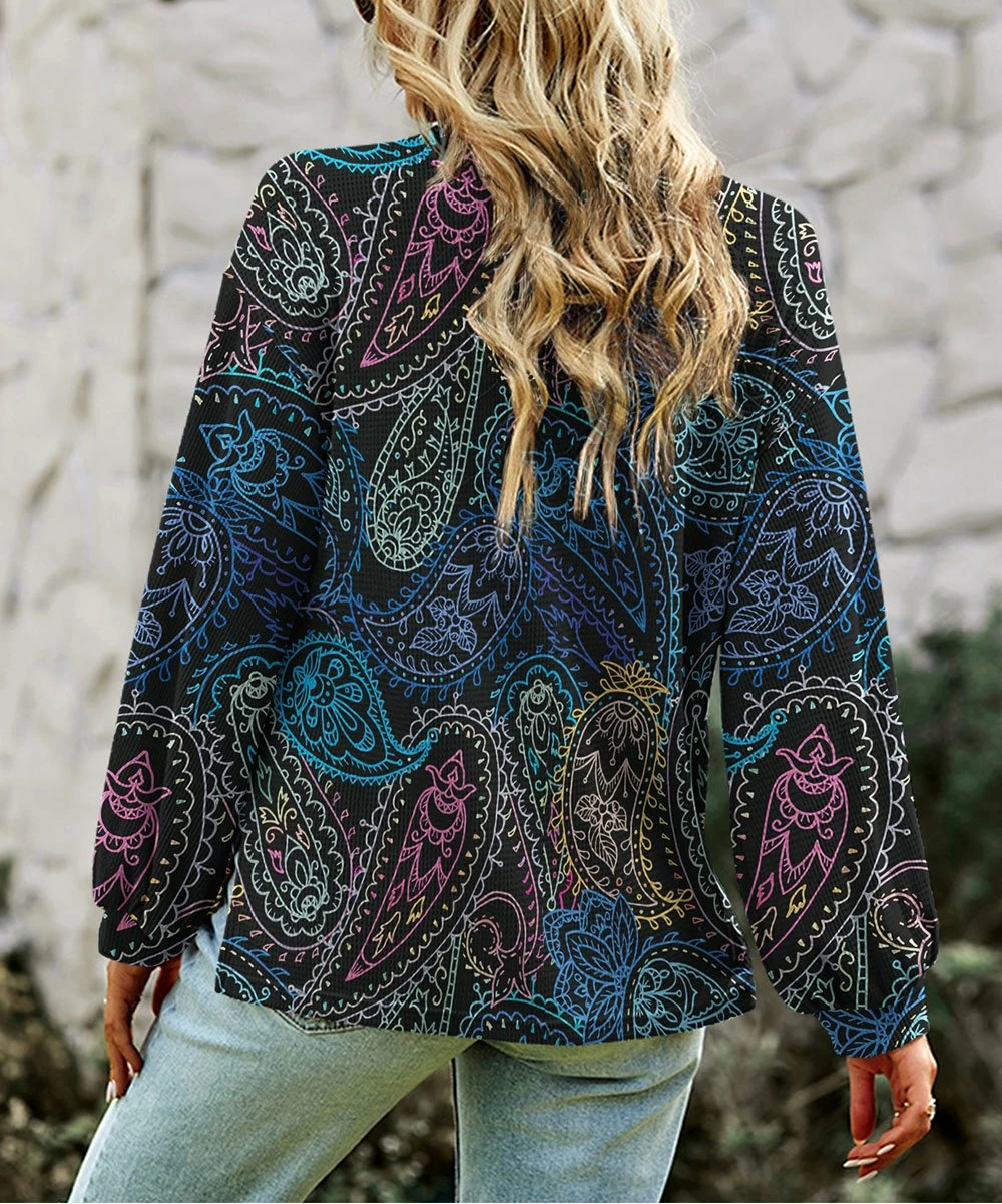 Best deal โ UDEAR Black & Blue Paisley Front-Button Bishop-Sleeve Top - ๐ฉ Women ๐ - Image 2