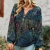 Best deal ⌛ UDEAR Black & Blue Paisley Front-Button Bishop-Sleeve Top - 👩 Women 😉