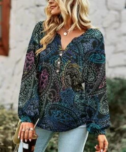 Best deal โ UDEAR Black & Blue Paisley Front-Button Bishop-Sleeve Top - ๐ฉ Women ๐