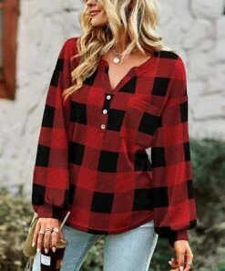 Brand new 🛒 UDEAR Red & Black Plaid Front-Button Bishop-Sleeve Top - 👩 Women & Plus 🤩