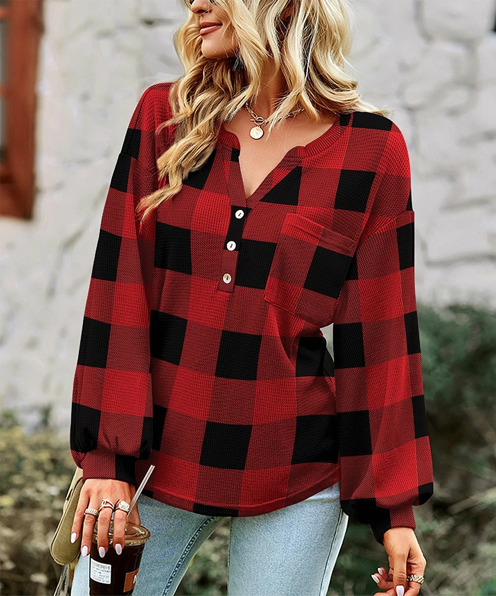 Brand new 🛒 UDEAR Red & Black Plaid Front-Button Bishop-Sleeve Top - 👩 Women & Plus 🤩