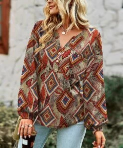 New 😀 UDEAR Orange & Red Geometric Button-Front Bishop-Sleeve Top - Plus ⌛