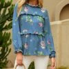 Best deal 😀 UDEAR Green & Blue Floral Ruffle-Tiered Long-Sleeve Top - 👩 Women ⌛