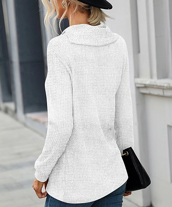 Promo 😀 UDEAR White Button-Accent Cowl Neck Long-Sleeve Top - Plus 🔥 - Image 2