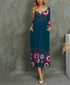 Cheapest ⭐ UDEAR Rose Red & Blue Floral Long-Sleeve Pocket Maxi 👗 Dress - Plus 🌟