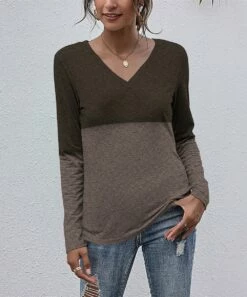 Cheap ๐งจ UDEAR Light Heather Coffee & Dark Heather Coffee Contrast V-Neck Top - ๐ฉ Women ๐ฅ