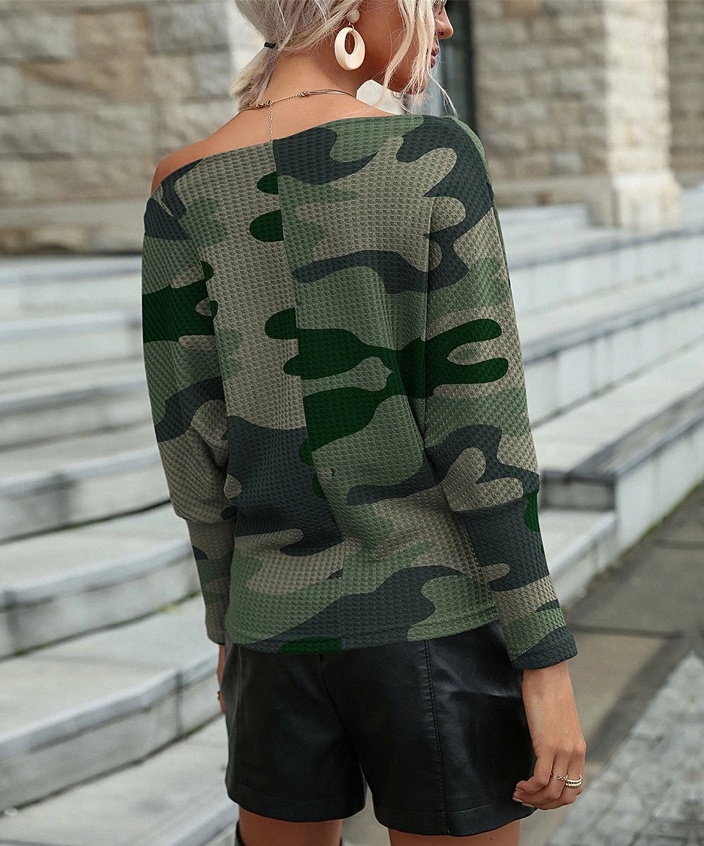 Buy 🥰 UDEAR Green & Gray Camo Long-Sleeve Boat-Neck Top - 👩 Women ❤️ - Image 2
