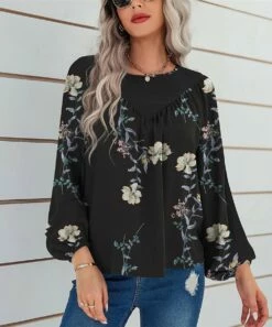 Best reviews of 👍 UDEAR Black & Light Yellow Floral Bishop-Sleeve Top - Plus 😍