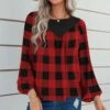Discount 😀 UDEAR Red & Black Plaid Contrast Bishop-Sleeve Top - 👩 Women & Plus 🥰