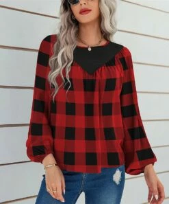 Discount 😀 UDEAR Red & Black Plaid Contrast Bishop-Sleeve Top - 👩 Women & Plus 🥰