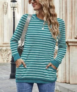 Discount ⭐ UDEAR White & Heather Blue Green Stripe Pocket Raglan Top - 👩 Women 😍