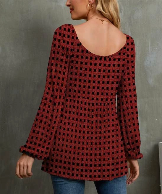 Best reviews of ๐งจ UDEAR Red & Black Plaid Long-Sleeve Double-Scoop Neck Top - Plus ๐ - Image 2