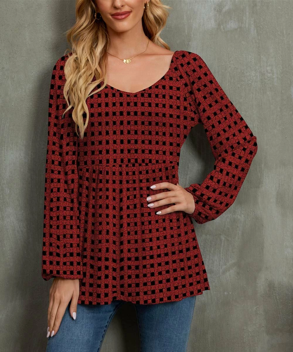 Best reviews of ๐งจ UDEAR Red & Black Plaid Long-Sleeve Double-Scoop Neck Top - Plus ๐