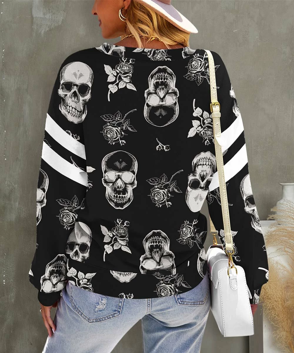 New 🔔 UDEAR Cream & Black Skull Stripe Long-Sleeve Round-Neck Top - 👩 Women & Plus 🤩 - Image 2