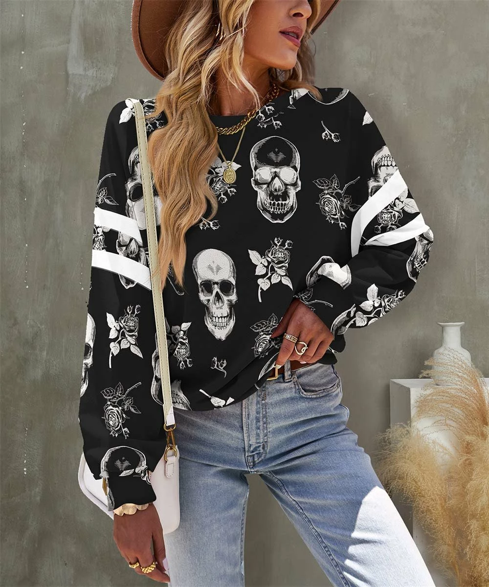 New 🔔 UDEAR Cream & Black Skull Stripe Long-Sleeve Round-Neck Top - 👩 Women & Plus 🤩