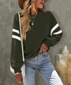 Wholesale 👍 UDEAR Dark Army Green & White Stripe Long-Sleeve Round-Neck Top - 👩 Women 🎉