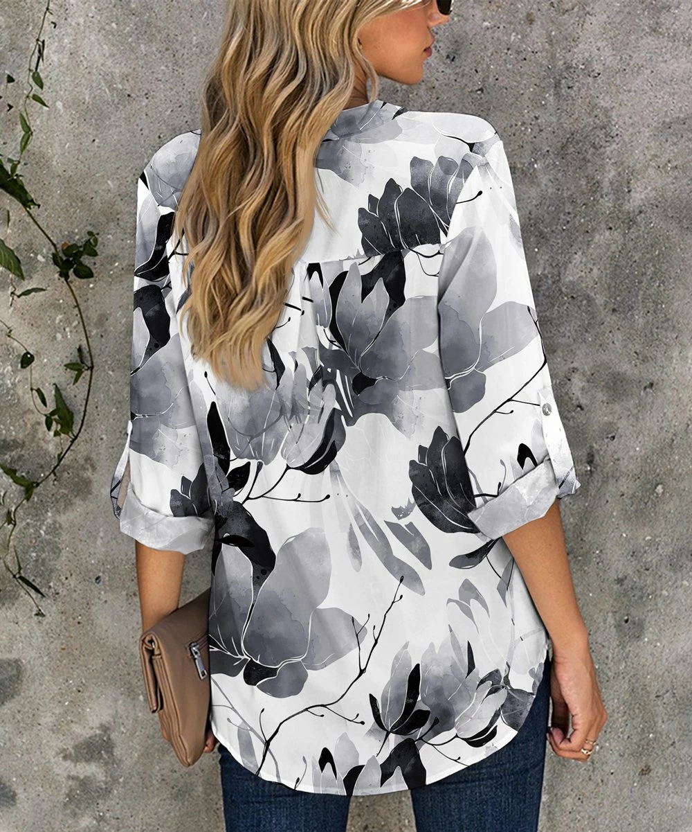 Buy ๐ UDEAR White & Black Abstract Roll-Tab Sleeve Notch-Neck Top - Plus ๐คฉ - Image 2