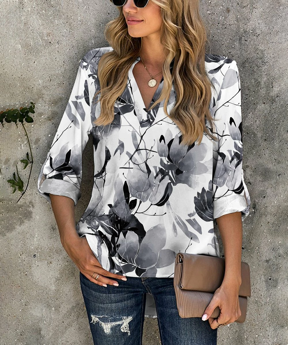 Buy ๐ UDEAR White & Black Abstract Roll-Tab Sleeve Notch-Neck Top - Plus ๐คฉ