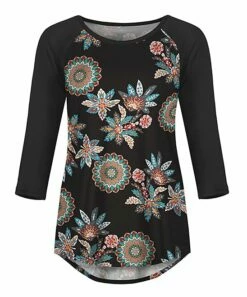 Hot Sale ⌛ UDEAR Red & Black Floral Mandala Three-Quarter Sleeve Raglan Top - 👩 Women ✔️