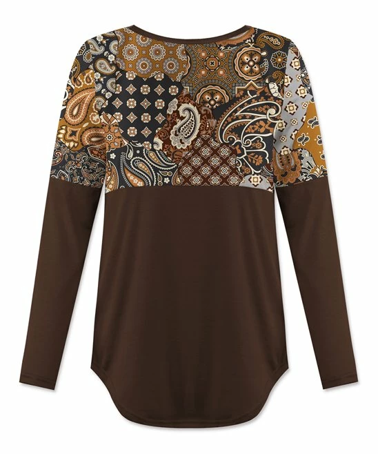 Best Pirce โจ UDEAR Earth Yellow & Dark Coffee Paisley Curved-Hem Long-Sleeve Top - Plus ๐ - Image 2
