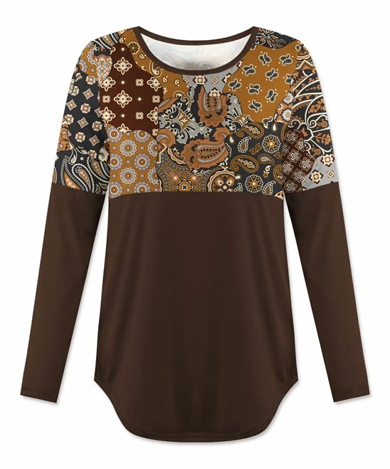 Best Pirce โจ UDEAR Earth Yellow & Dark Coffee Paisley Curved-Hem Long-Sleeve Top - Plus ๐