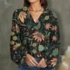 Brand new 🤩 UDEAR Black & Green Floral Long-Sleeve Collared Top - 👩 Women ✔️