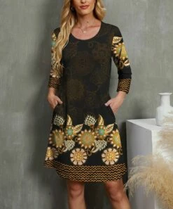 New 👍 UDEAR Coffee & Black Floral Pocket Scoop Neck 👗 Dress - Plus 🔔