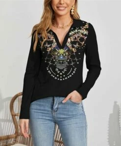 Budget 😍 UDEAR Black & White Abstract Collared V-Neck Top - 👩 Women 😀