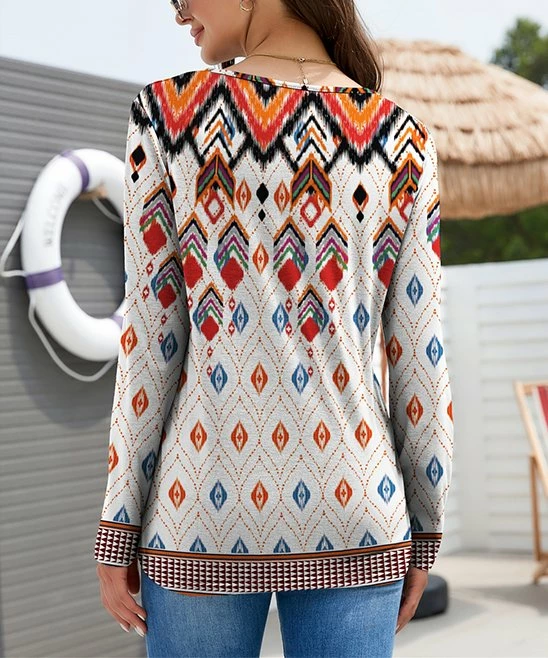 Promo 🎁 UDEAR Red & White Geometric V-Neck Long-Sleeve Top - 👩 Women 🔔 - Image 2