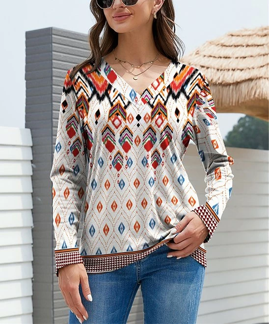 Promo 🎁 UDEAR Red & White Geometric V-Neck Long-Sleeve Top - 👩 Women 🔔
